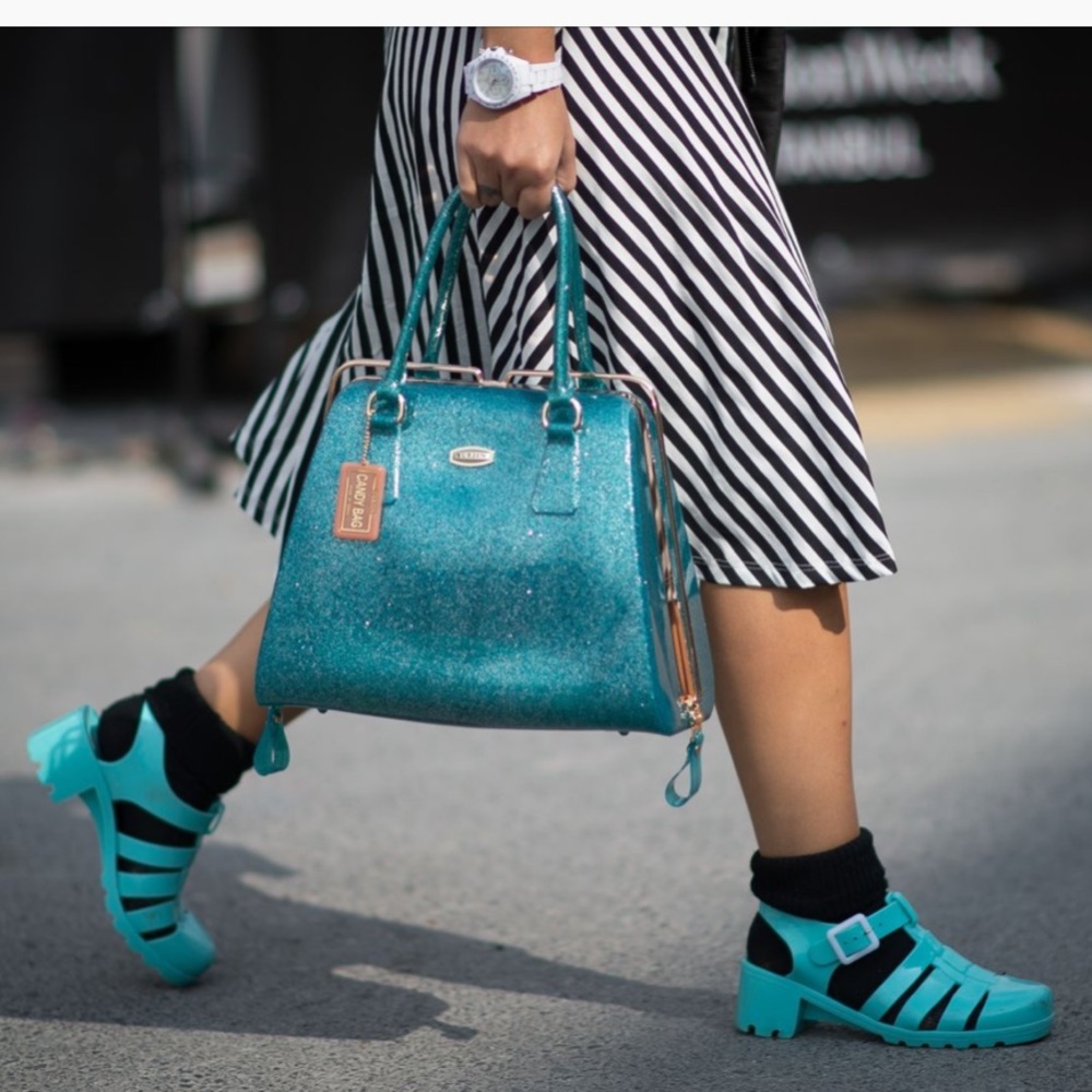 🎉HP🎉Blue chunky block ankle gladiator heel jelly